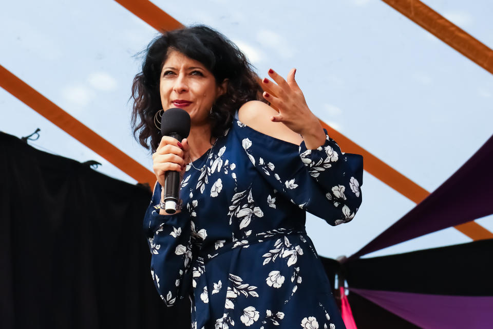 SOUTHWOLD, ENGLAND - JULY 14: Shappi Khorsandi performs on the comedy stage at Latitude Festival in Henham Park Estate on July 14, 2018 in Southwold, England. (Photo by Carla Speight/WireImage)