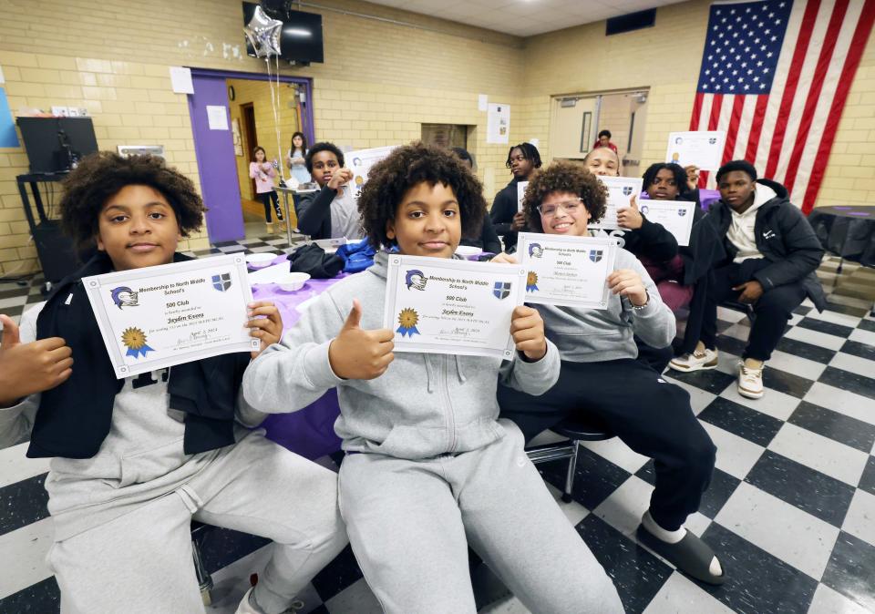 North Middle School in Brockton held a celebration for its "500 Club" on Tuesday, April 2, 2024. The club recognizes the middle school's seventh and eighth graders who achieved a score of 500 or more on their MCAS math and English tests.