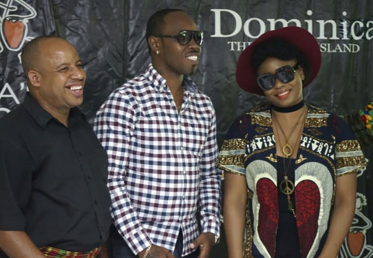 (L-R) Christopher Dangleben, brass musician with Dominican band First Serenade; Wayne 'Benji' Benjamin, lead vocalist with Dominica's Triple Kay band; and Nigerian afro-pop singer Yemi Alade all played the festival