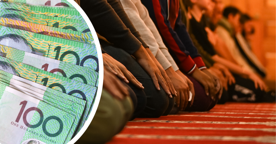 Australian $100 notes stacked on top of one another and Australian Muslims preying at a mosque.