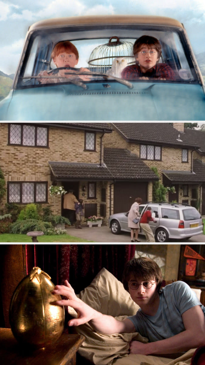 Harry and Ron driving the flying car, Privat Drive exterior, and Harry touching the golden egg