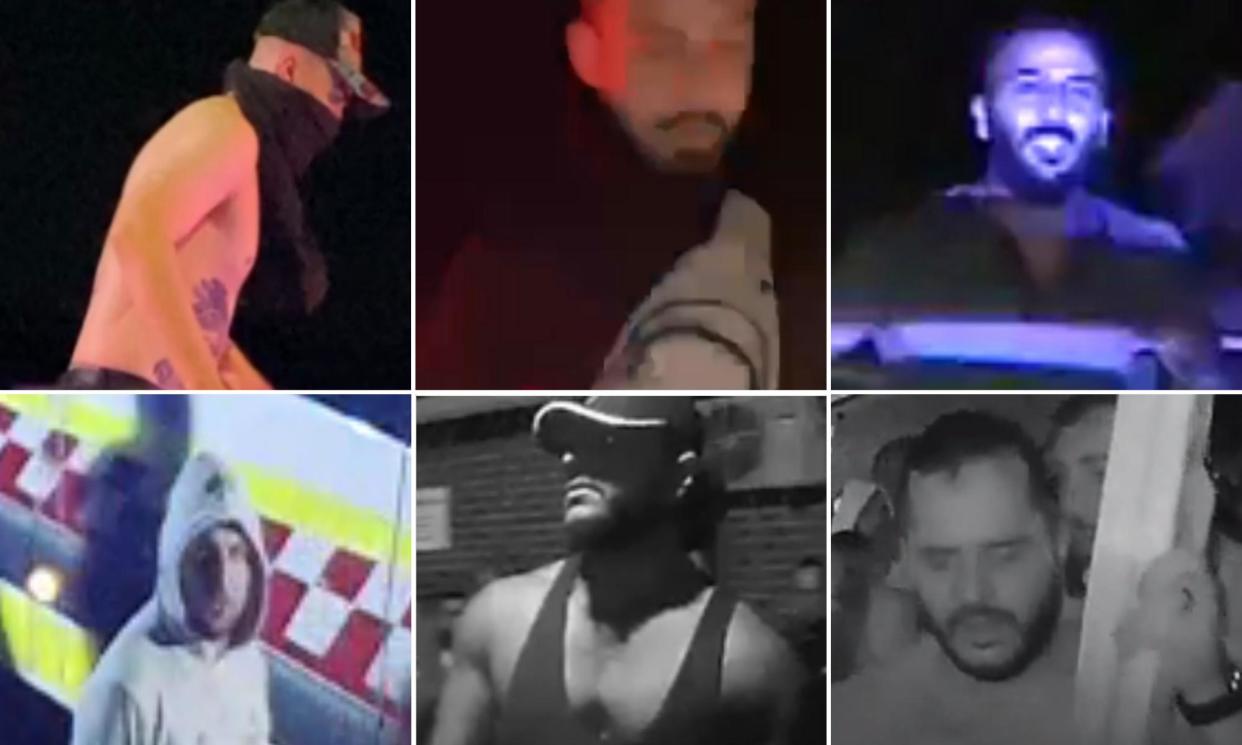 <span>Police have released images of 12 men allegedly captured on video during the riot outside a church at Wakeley in Sydney’s west.</span><span>Photograph: AAP/NSW Police</span>