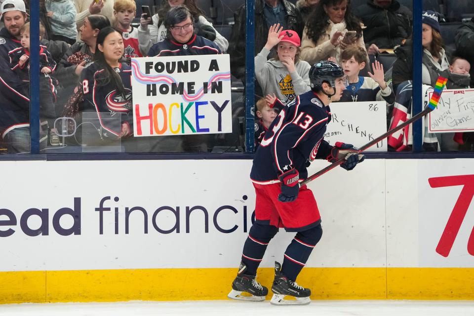 Jan 15, 2024; Columbus, Ohio, USA; Columbus Blue Jackets left wing Johnny Gaudreau (13) warms up prior to the NHL hockey game against the Vancouver Canucks at Nationwide Arena.