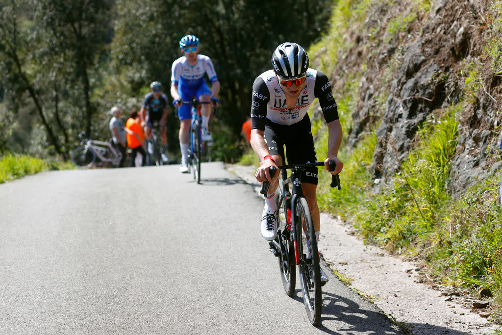  EIBAR SPAIN  APRIL 08 Marc Hirschi of Switzerland and UAE Team Emirates competes climbing to the Krabelin 576m during the 62nd Itzulia Basque Country Stage 6 a 1378km stage from Eibar to  Eibar  UCIWT  on April 08 2023 in Eibar Spain Photo by Luis ngel Gmez  PoolGetty Images 