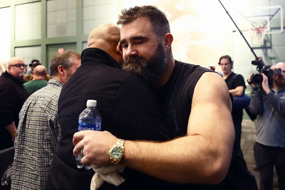 <p>Tim Nwachukwu/Getty</p> Jason Kelce #62 of the Philadelphia Eagles greets members of the media after announcing his retirement from the NFL at NovaCare Complex on March 04, 2024 in Philadelphia, Pennsylvania.