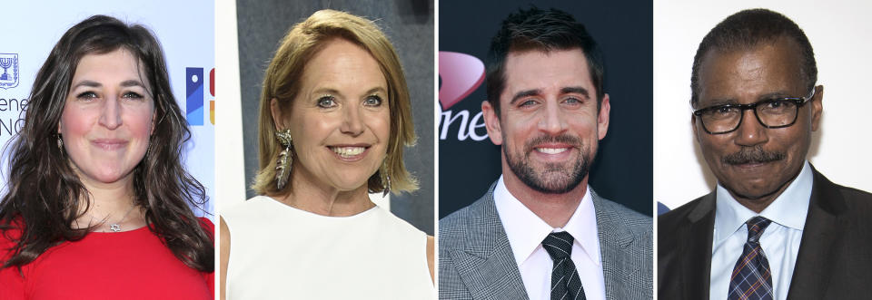 In this combination photo, Mayim Bialik, from left, attends the Israeli Consulate Celebration of the 70th Anniversary of Israel on June 10, 2018, in Los Angeles, Katie Couric arrives at the Vanity Fair Oscar Party on Feb. 9, 2020, in Beverly Hills, Calif., Aaron Rodgers arrives at the ESPYS on July 12, 2017, in Los Angeles and Bill Whitaker attends the CBS Upfront on May 15, 2019, in New York. “Jeopardy” announced Wednesday, Jan. 13, 2021, that Couric will become the first woman ever to host the show and will be among those guest hosting on an interim basis along with NFL quarterback Rodgers, “Big Bang Theory” Bialik and “60 Minutes” correspondent Whittaker. (AP Photo)