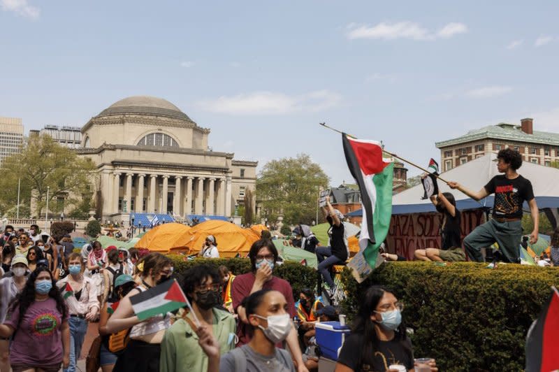 Pro-Palestinian students protest on Columbia University's campus past the 2 p.m. deadline given by university officials in New York City on Monday. Students were warned that they would face immediate suspension if they did not leave the encampment by the deadline. Photo by Sarah Yenesel/EPA-EFE