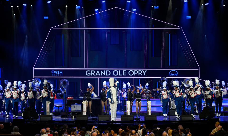 Grammy-award winning Tennessee State University's Aristocrat of Bands performs during their debut at the Grand Ole Opry Tuesday, April 4, 2023, in Nashville, Tenn.