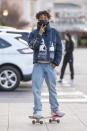 <p>Jaden Smith is on the move, skateboarding around Calabasas, California, on Monday.</p>