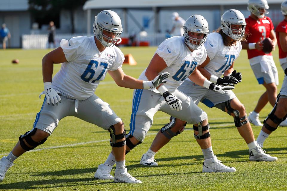 Former Iowa defensive lineman Matt Nelson (67) is now trying to make the Detroit Lions as an offensive tackle.