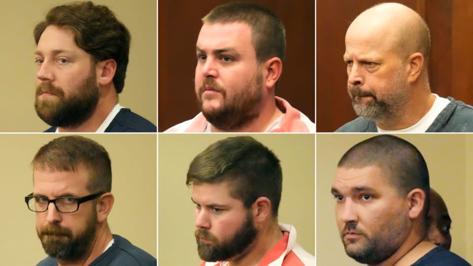 This combination of photos shows, from top left, former Rankin County sheriff's deputies Hunter Elward, Christian Dedmon, Brett McAlpin, Jeffrey Middleton, Daniel Opdyke and former Richland police officer Joshua Hartfield appearing at the Rankin County Circuit Court in Brandon, Miss., Aug. 14, 2023. - Rogelio V. Solis/AP