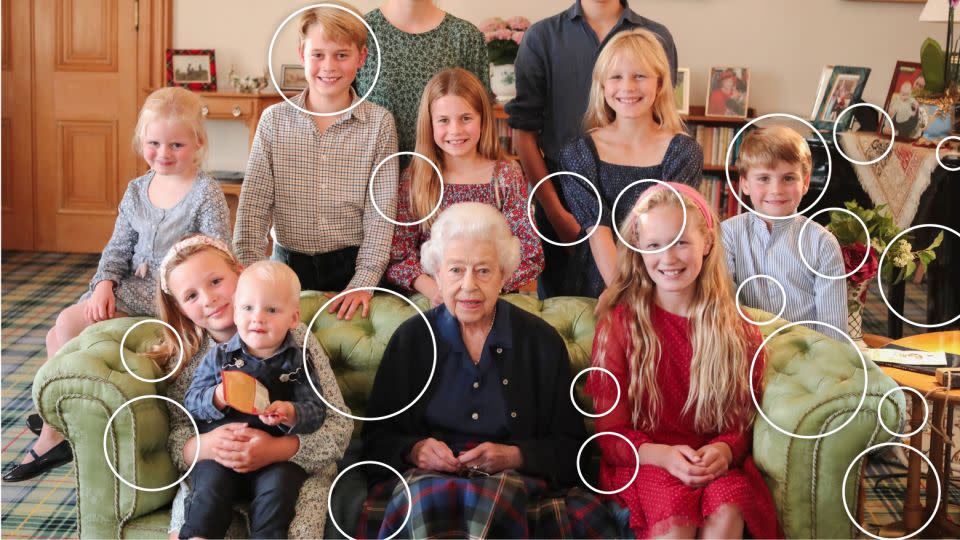 The photo, showing the Queen and 10 of her young relatives, was published last year. CNN has circled areas showing visible digital inconsistencies. - Princess of Wales/Kensington Palace