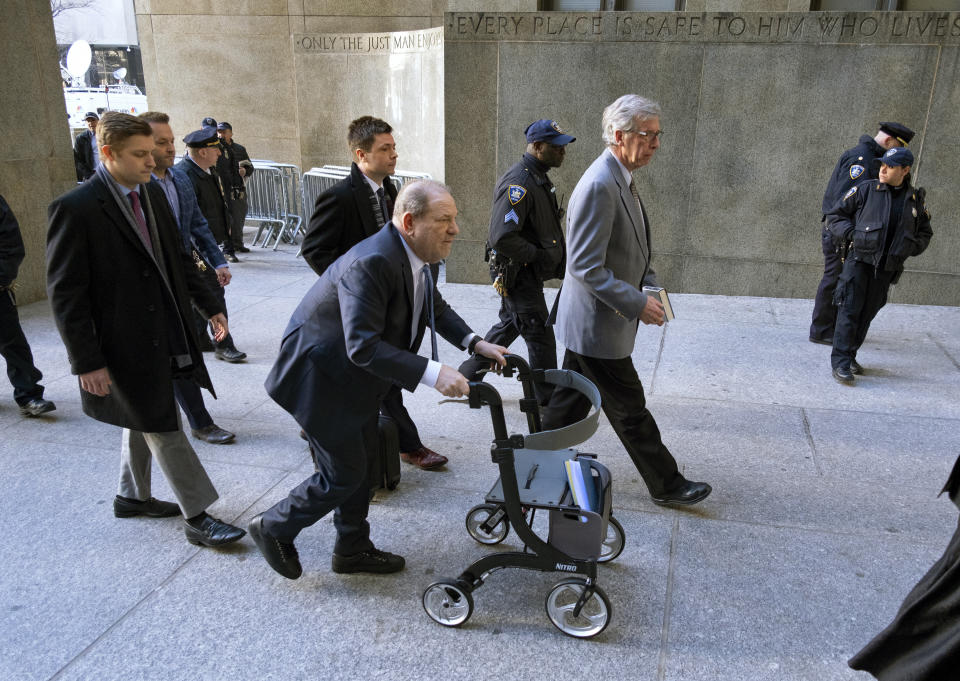 FILE - Harvey Weinstein arrives at the courthouse during jury deliberations in his rape trial, Monday, Feb. 24, 2020, in New York. New York's highest court has overturned Harvey Weinstein's 2020 rape conviction and ordered a new trial.(AP Photo/Craig Ruttle, File)