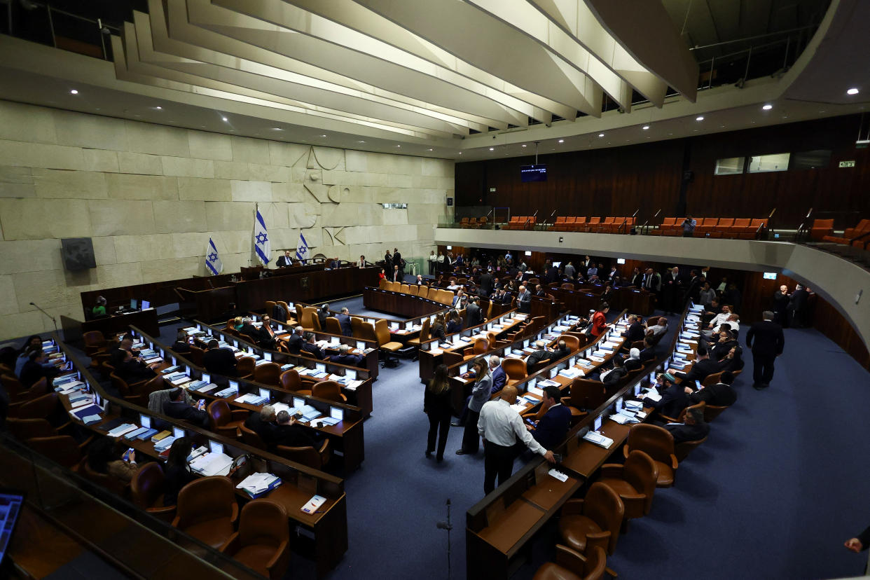 Members of the Knesset, the Israeli Parliament in Jerusalem, attend a meeting amid demonstrations over Israeli Prime Minister Benjamin Netanyahu's proposed judicial overhaul