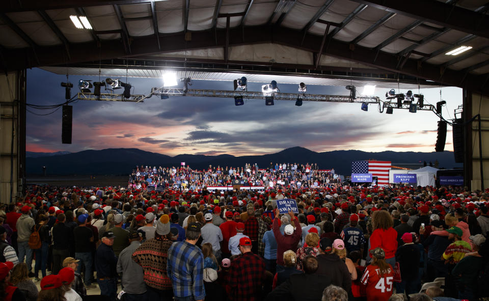 President Donald Trump speaks at a campaign rally at Minuteman Aviation Hangar, Thursday, Oct. 18, 2018, in Missoula, Mont. (AP Photo/Carolyn Kaster)