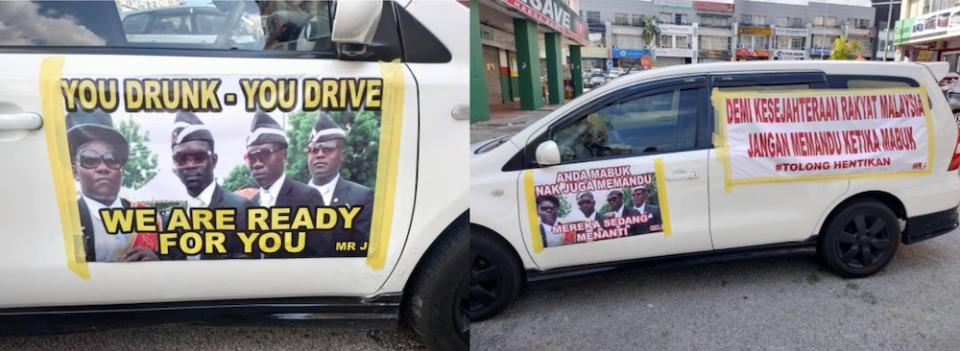 The pallbearers even make an appearance on his car turned mobile billboard. -- Picture courtesy of Mohd Azhar Osman