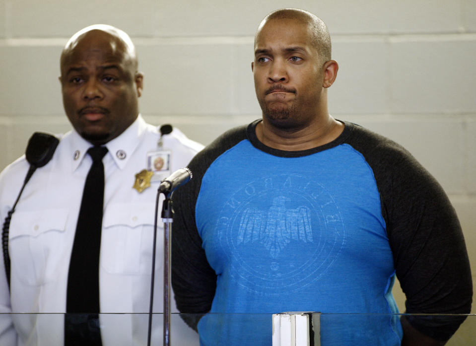 Gai Scott, of Randolph. Mass., stands during an arraignment, Monday, March 31, 2014, in Plymouth, Mass. Scott was arraigned on charges in the shooting of his uncle and reality TV star Benzino, who was shot Saturday during a funeral procession. (AP Photo/The Patriot Ledger, Greg Derr, Pool)