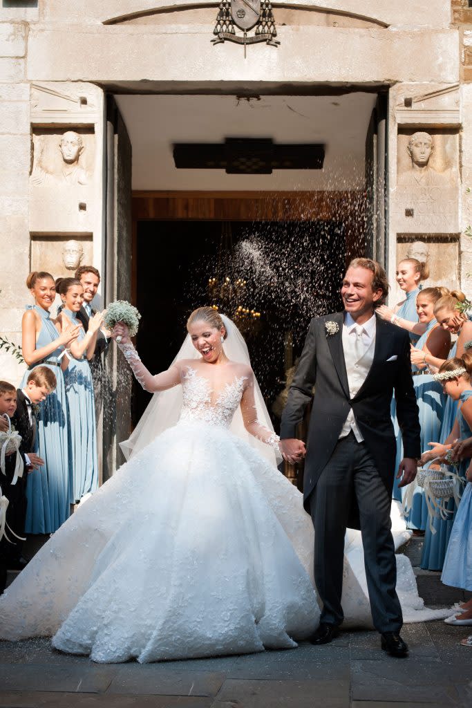 Victoria Swarovski and Werner Muerz exit the church after their wedding on June 16, 2017 in Trieste, Italy. (Photo by Chris Singer/Johannes Kernmayer/CUEX GmbH/Getty Images)