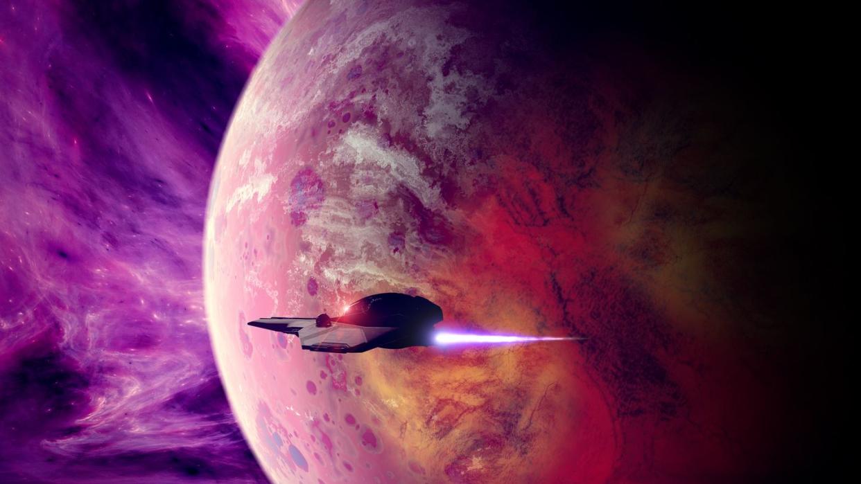 spaceship orbiting around a planet in another galaxy exoplanets and worlds of other dimensions sci fi