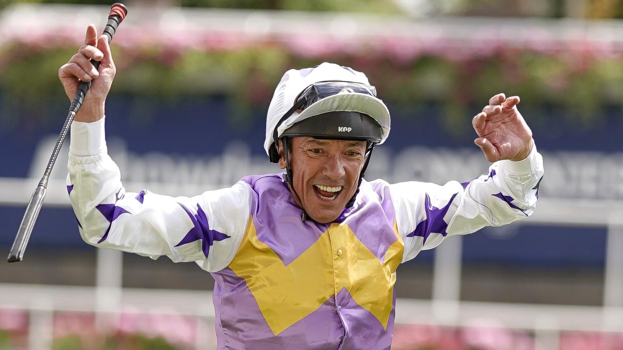   Frankie Dettori leaps from his mount after riding Lezoo to win The Princess Margaret Keeneland Stakes at Ascot Racecourse  