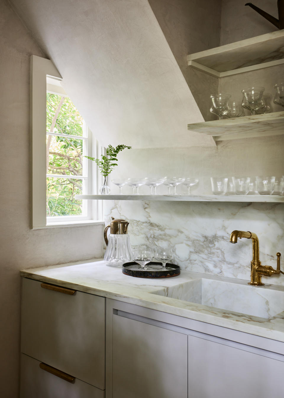 open shelves in a minimalist kitchen