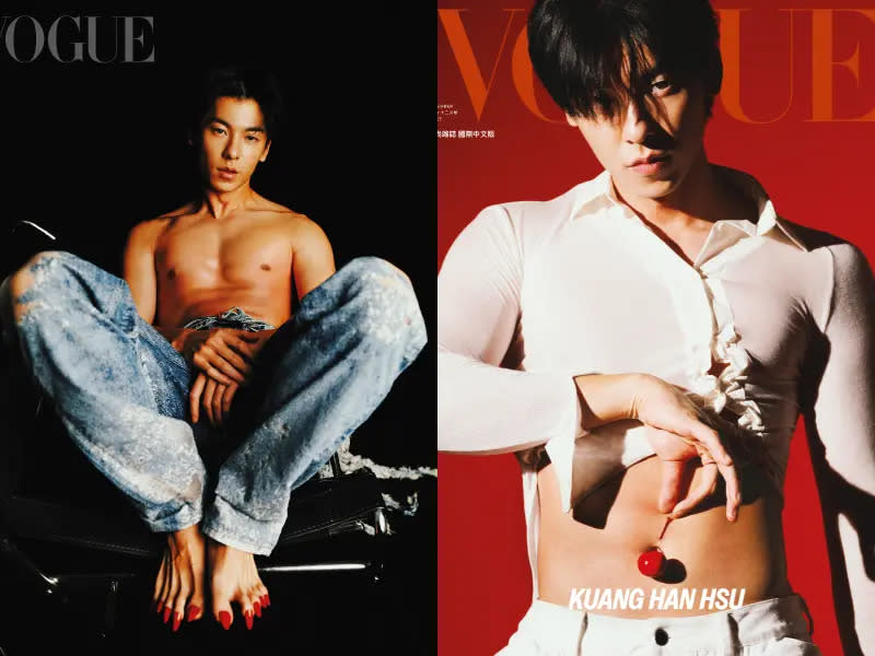 ▲許光漢登上《VOGUE》12月號封面人物，露出胸肌、還拿「致命櫻桃」誘惑少女，透露想和女友約會做4件事，海島度假、在家做飯、看電影，以及一起遛狗。（圖／VOGUE雜誌提供）