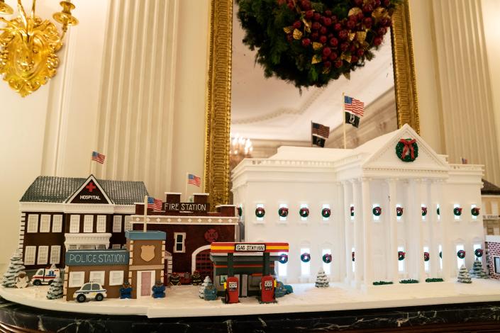 A gingerbread White House honoring frontline workers.