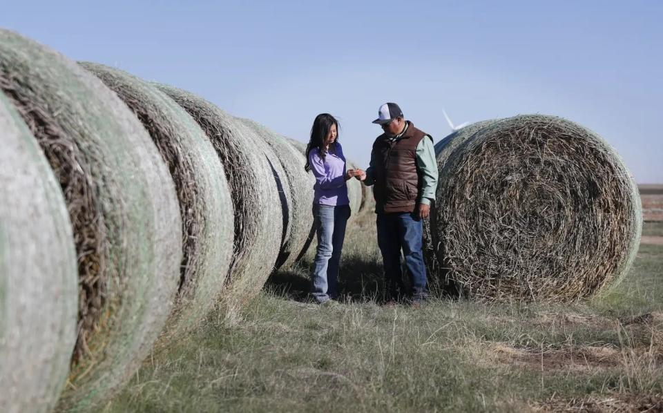 Yuleida Serratoand her father Arnaldo Serrato look over bales of hay waiting to be sold on their family farm. In 2022, Yuleida was able to purchase her own farmland, becoming one of just over 9,000 hispanic, female primary producers in Texas.