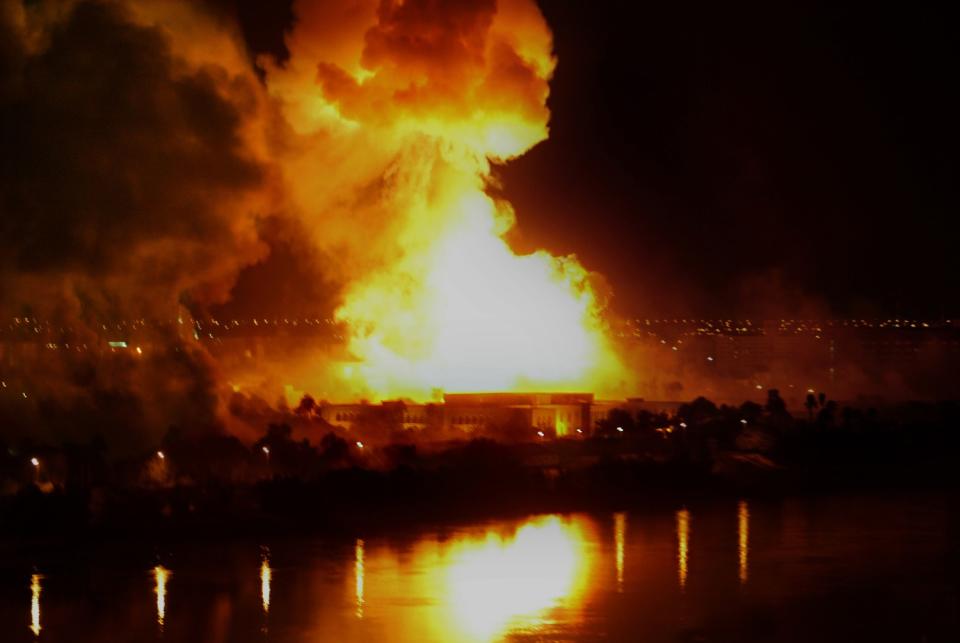 On the third night of the U.S. war on Iraq, bombing took place near Saddam's Presidential Compound in central Baghdad, Iraq.