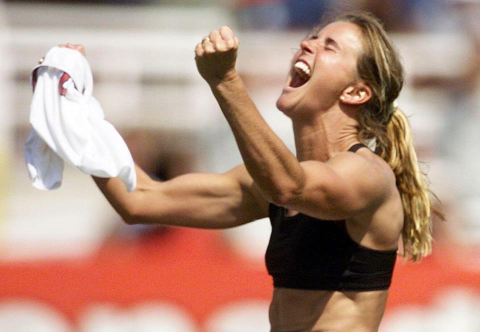 Brandi Chastain's winning penalty was the signature moment of the United States' iconic 1999 Women's World Cup victory. (Getty)