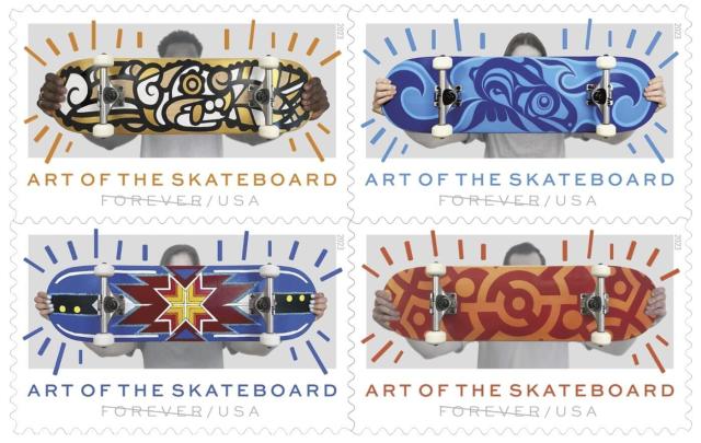 This image provided by the U.S. Postal Service shows its new the "Art of the Skateboard" Forever stamps. The agency on Friday, March 24, 2023, is debuting the stamps at a Phoenix skate park. The stamps feature designs from four artists from around the country, including two Indigenous artists. (Courtesy of USPS via AP)
