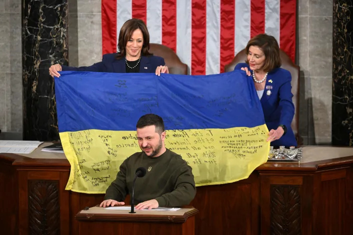 Volodymyr Zelensky with Kamala Harris and Nancy Pelosi