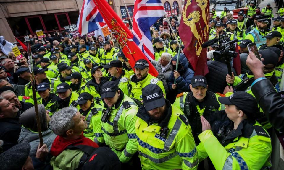Police separate far-right North West Frontline Patriots demonstrators from anti-fascists in Liverpool city centre