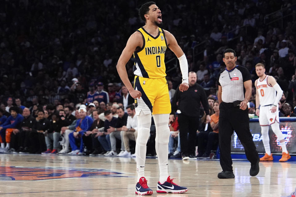 Indiana Pacers guard Tyrese Haliburton reacts during the first half of Game 7 in an NBA basketball second-round playoff series against the New York Knicks, Sunday, May 19, 2024, in New York. (AP Photo/Julia Nikhinson)
