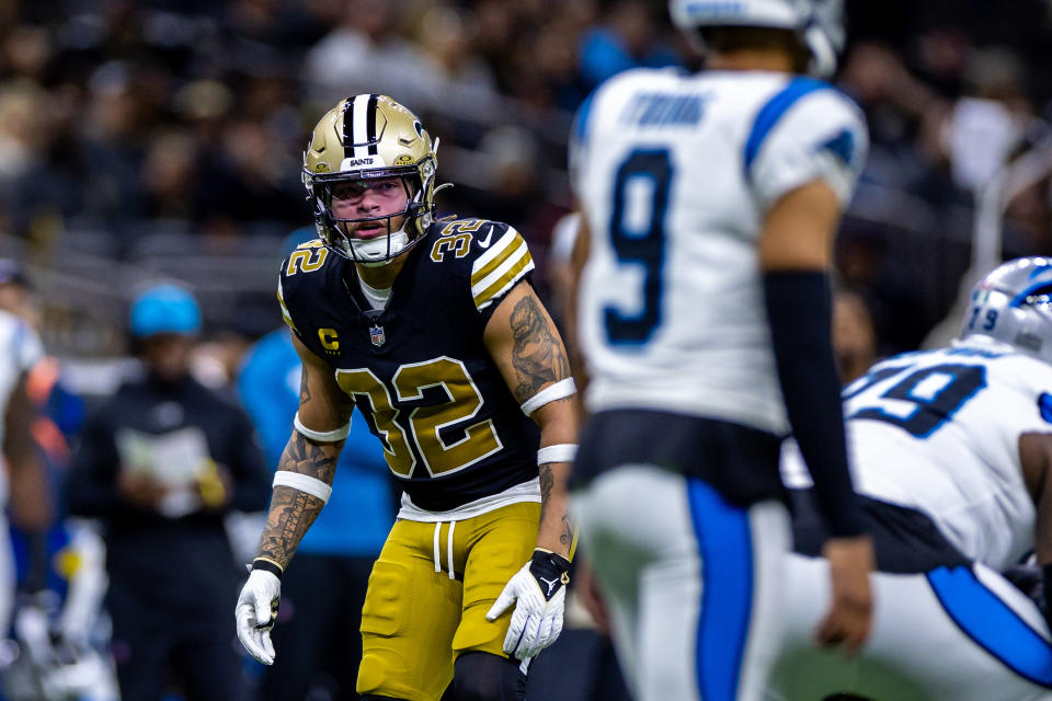 Dec 10, 2023; New Orleans, Louisiana, USA; New Orleans Saints safety Tyrann Mathieu (32) stares down Carolina Panthers quarterback Bryce Young (9) during the first half at the Caesars Superdome. Mandatory Credit: Stephen Lew-USA TODAY Sports