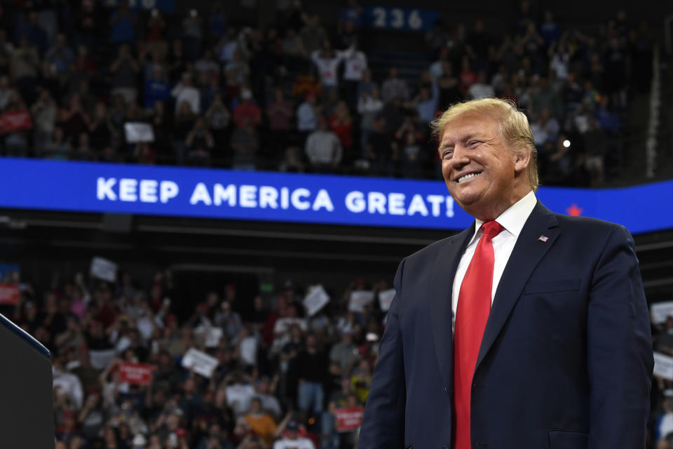 President Donald Trump arrives to speak at a campaign rally in, Lexington, Ky., Monday, Nov. 4, 2019. (AP Photo/Susan Walsh)