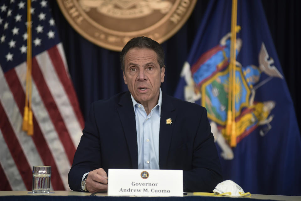 New York Gov. Andrew Cuomo briefs the media during a coronavirus news conference at his office in New York City, Saturday, May 9, 2020. (John Roca/New York Post via AP, Pool)