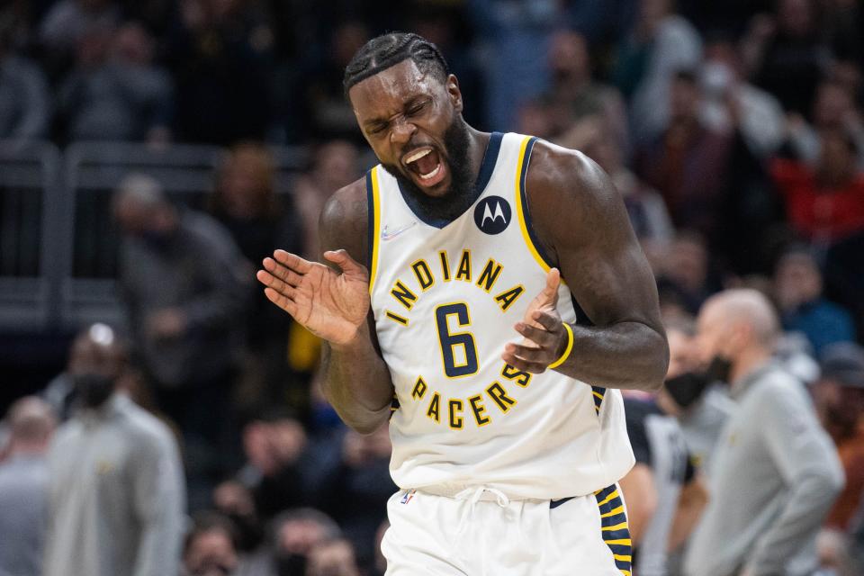 Jan 8, 2022; Indianapolis, Indiana, USA; Indiana Pacers guard Lance Stephenson (6) celebrates a made basket in the second half against the Utah Jazz at Gainbridge Fieldhouse. Mandatory Credit: Trevor Ruszkowski-USA TODAY Sports