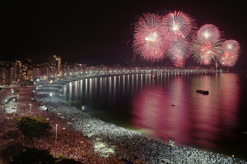 Fireworks display on city coastline