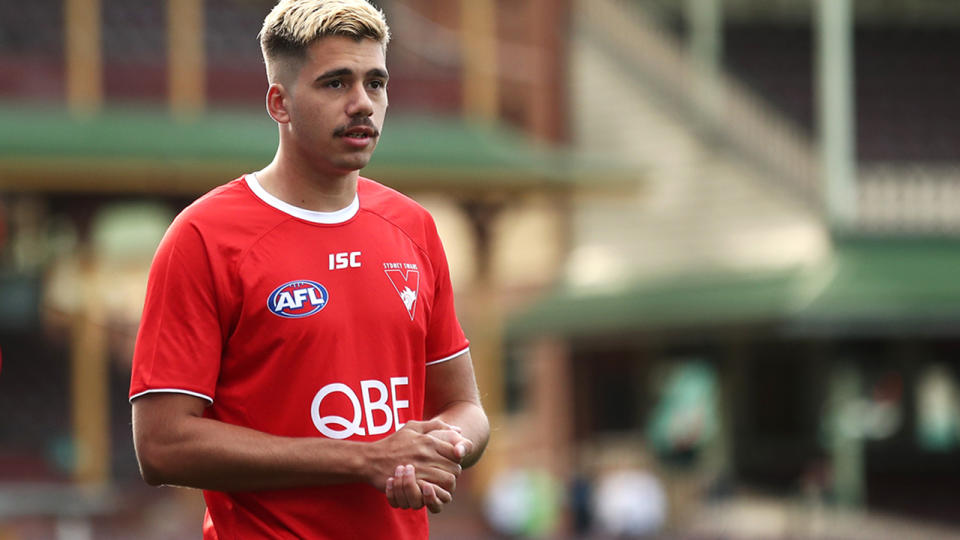 Elijah Taylor, pictured here before a game for the Sydney Swans in 2020.