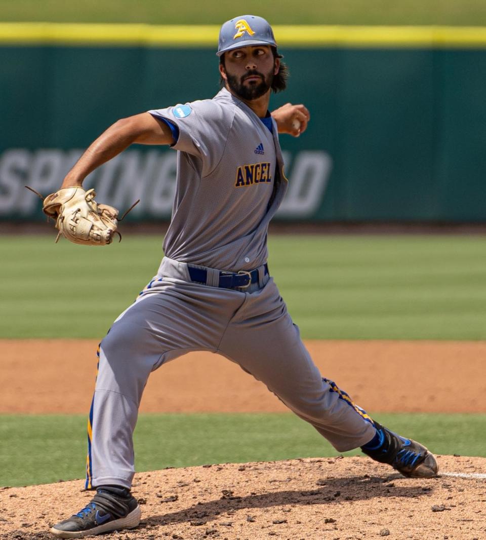 Angelo State University's Kyle Moseley gets ready to fire a pitch against Southern New Hampshire in the Rams' opening game of the D-II College World Series in Cary, North Carolina on Sunday, June 5, 2022.