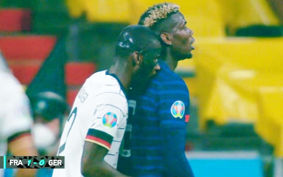 Antonio Rüdiger appears to bite Paul Pogba during Germany's match against France - ITV