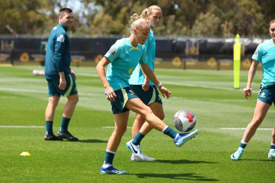 Tameka Yallop trains at the WA State Football Centre in Perth.