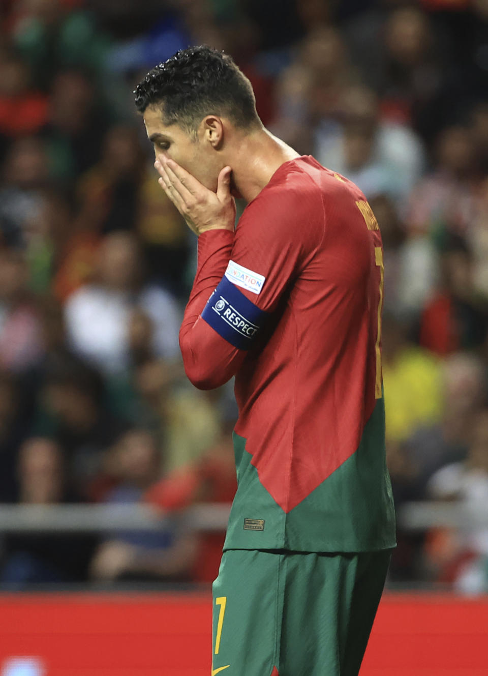 Portugal's Cristiano Ronaldo gestures after missing a scoring chance during the UEFA Nations League soccer match between Portugal and Spain at the Municipal Stadium in Braga, Portugal, Tuesday, Sept. 27, 2022. (AP Photo/Luis Vieira)