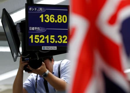A news photographer take photos of monitors displaying the Japanese yen's exchange rate against British pound (top) and Japan's Nikkei share average at a foreign exchange trading company in Tokyo, Japan, June 27, 2016. REUTERS/Toru Hanai
