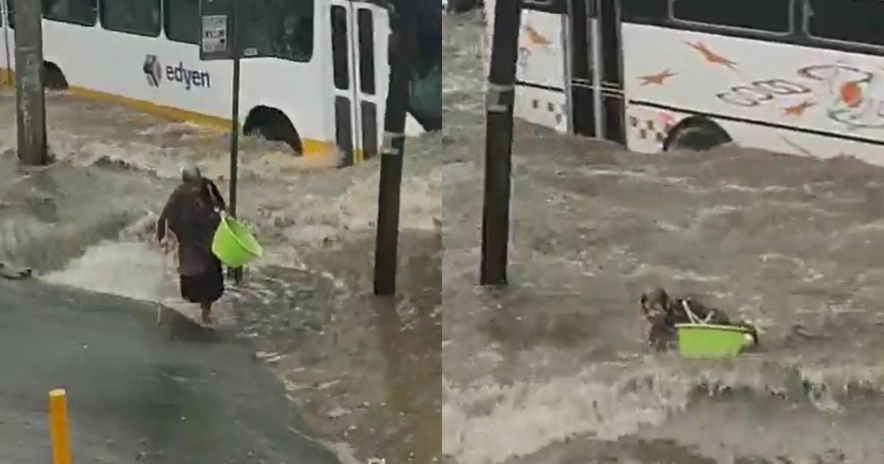 Mujer de la tercera edad casi pierde la vida en inundación en el Edomex. Foto: Captur de video Twitter vía @azucenau