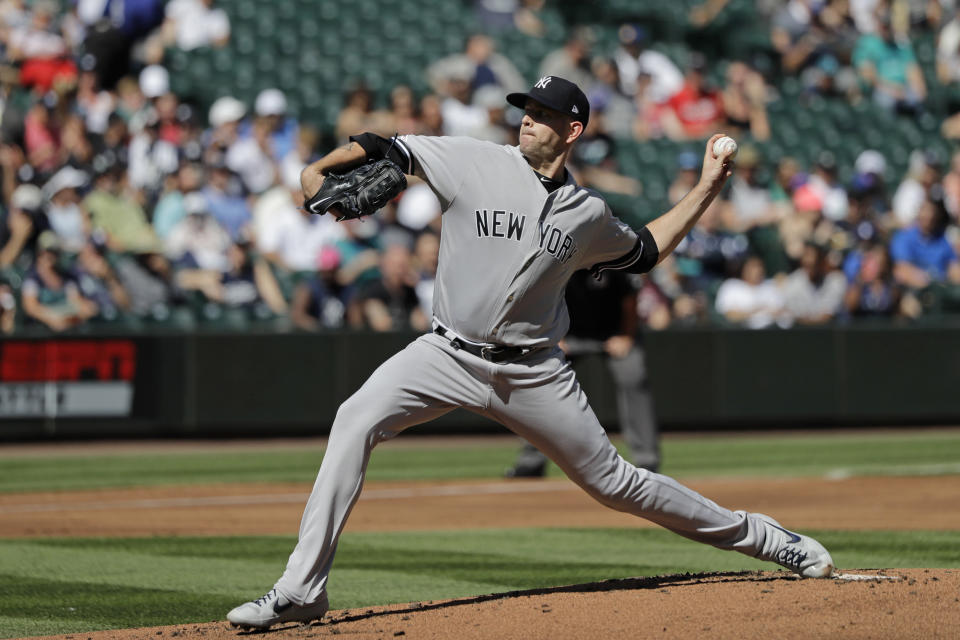 New York Yankees starting pitcher James Paxton throws against the Seattle Mariners during the first inning of a baseball game, Wednesday, Aug. 28, 2019, in Seattle. (AP Photo/Ted S. Warren)