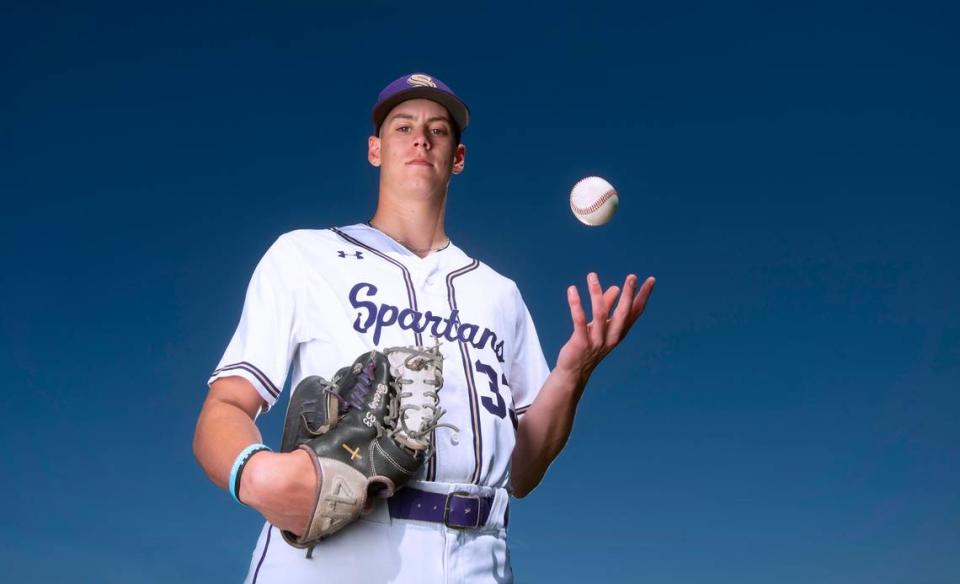 Sumner senior pitcher Jake Bresnahan is The News Tribune’s 2023 All-Area Baseball Player of the Year. The University of Oregon commit is shown at Sumner High School in Sumner, Washington, on Monday, June 5, 2023.