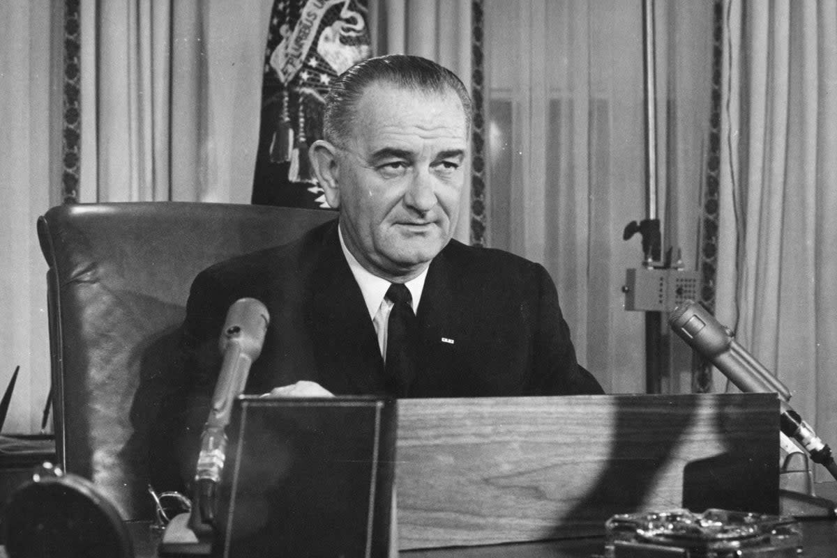 Lyndon Baines Johnson addresses the nation on his first Thanksgiving Day TV program, broadcast from the executive offices of the White House (Getty Images)