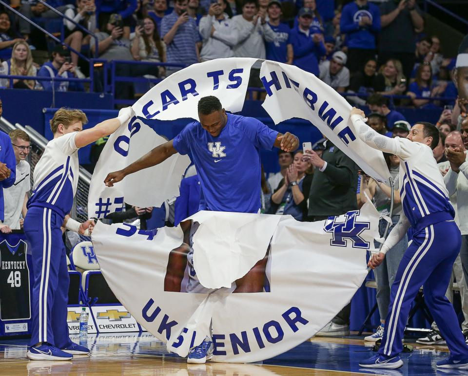 Kentucky forward Oscar Tshiebwe was recognized on senior night before the Wildcats' final home game. The Wildcats fell to Vanderbilt 68-66 Wednesday night at Rupp Arena. March 1, 2023